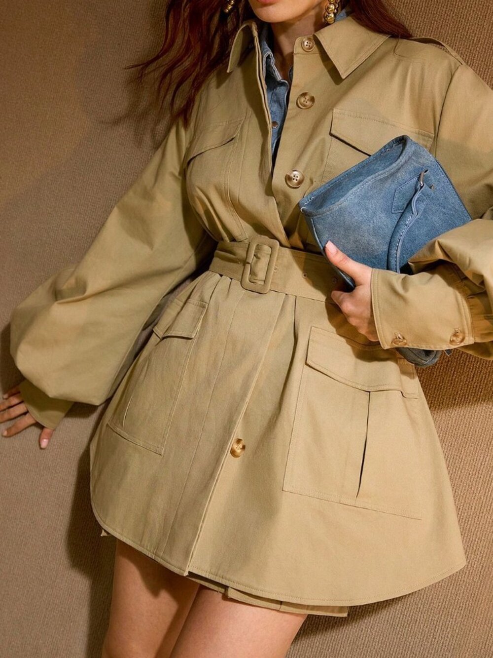 Khaki Casual Women's Oversized Pocket Cotton Trench Coat - Picture 5 of 7